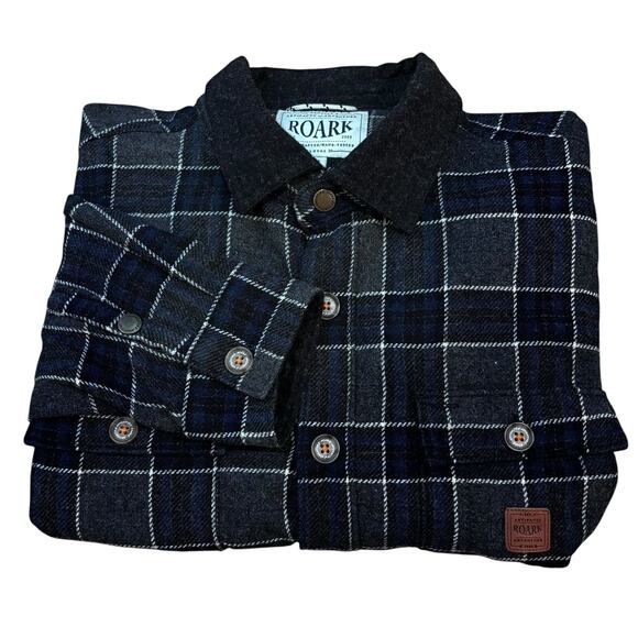 ROARK REVIVAL Nordsman Gray Black Plaid Button Front Elbow Patches Medium Poly - Picture 4 of 6